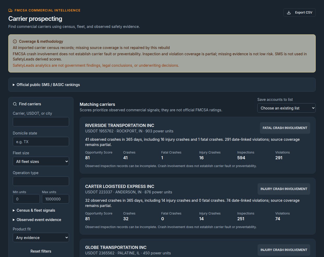 SafetyLeads FMCSA carrier prospecting screen with carrier search and fleet prospect results